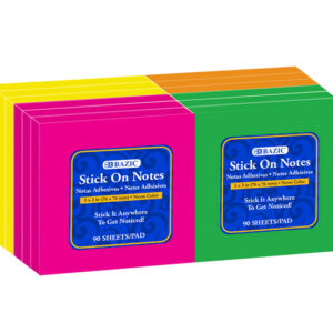 Stick On Notes 3" X 3" (Pack) Neon 90 Ct. - 12/Shrink