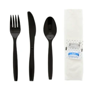 Heavy Weight Black Wrapped Plastic Cutlery Pack with Napkin - 250/Case - Image 1